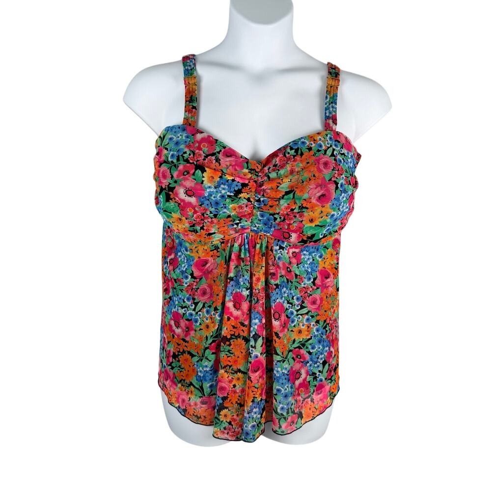 A Shore Fit Tankini Top Womens 22W Mesh Floral Tummy Slimmer Swim Separate